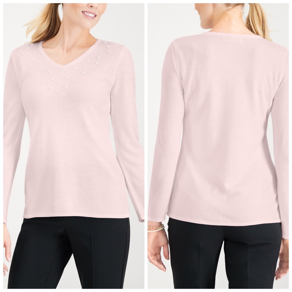 Pink V Neck Pearl Detail Pullover Sweater Size XL & Plus XXL